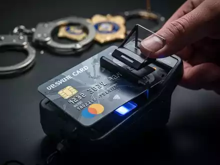 Kreditkarte wird von Skimmer-Gerät gescannt, verschwommenes Polizeiabzeichen im Hintergrund. - Foto: über boerse-global.de