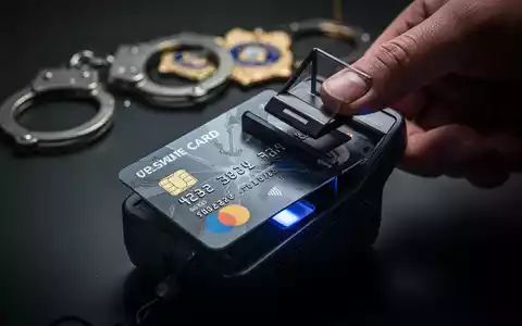 Kreditkarte wird von Skimmer-Gerät gescannt, verschwommenes Polizeiabzeichen im Hintergrund. - Foto: über boerse-global.de