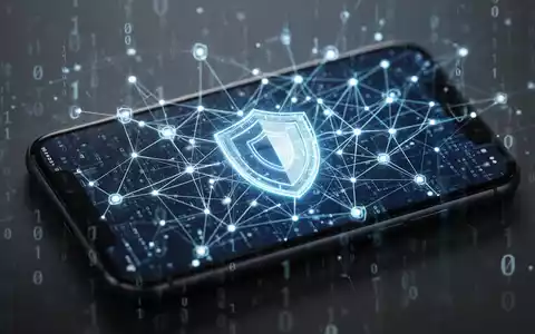 Smartphone-Bildschirm mit abstraktem Netzwerk, Sicherheitsschildern und Binärcode, symbolisiert mobilen Datenschutz. - Foto: über boerse-global.de