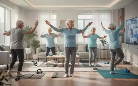 Ältere Menschen nehmen an einem Online-Fitnesskurs teil, konzentriert und aktiv, in einer hellen und modernen Umgebung. - Foto: über boerse-global.de