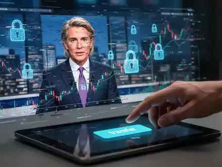 Ein verschwommenes Deepfake-Video eines Nachrichtensprechers auf einem Bildschirm, überlagert mit Finanzdiagrammen und einem digitalen Schloss. - Foto: über boerse-global.de