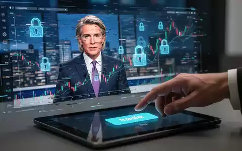 Ein verschwommenes Deepfake-Video eines Nachrichtensprechers auf einem Bildschirm, überlagert mit Finanzdiagrammen und einem digitalen Schloss. - Foto: über boerse-global.de