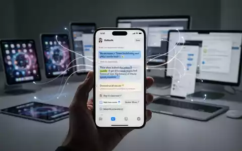 Eine Hand hält ein iPhone mit KI-Notiz-App, leuchtende Linien verbinden es mit anderen Apple-Geräten im Hintergrund. - Foto: über boerse-global.de