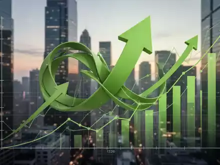 Ein stilisiertes Diagramm mit ineinandergreifenden grĂĽnen Pfeilen und aufsteigenden Finanzdiagrammen vor einer verschwommenen Stadtlandschaft. - Foto: ĂĽber boerse-global.de