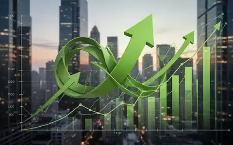 Ein stilisiertes Diagramm mit ineinandergreifenden grünen Pfeilen und aufsteigenden Finanzdiagrammen vor einer verschwommenen Stadtlandschaft. - Foto: über boerse-global.de