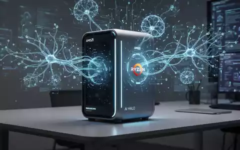 Futuristisches AMD Ryzen AI Halo PC-Desktop-System mit blauem Leuchten und holografischen KI-Neuronalen Netzen. - Foto: über boerse-global.de