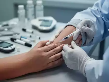 Nahaufnahme eines Arms, der eine Grippeimpfung erhält, mit verschwommenem Hintergrund, der medizinische Geräte und Diabetes-Management-Tools zeigt. - Foto: über boerse-global.de