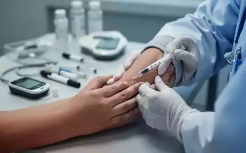 Nahaufnahme eines Arms, der eine Grippeimpfung erhält, mit verschwommenem Hintergrund, der medizinische Geräte und Diabetes-Management-Tools zeigt. - Foto: über boerse-global.de