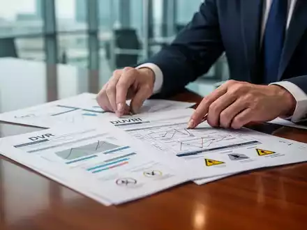 Hände eines Verwalters prüfen Dokumente zur Risikobewertung (DVR) und Interferenzrisiken (DUVRI) auf einem Schreibtisch. - Foto: über boerse-global.de