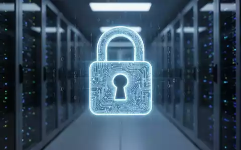Leuchtendes digitales Schloss-Symbol mit Binärcode, symbolisiert Identitätsschutz, vor unscharfem Serverraum-Hintergrund. - Foto: über boerse-global.de