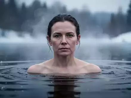 Eine Person taucht in eisiges Wasser ein, umgeben von aufsteigendem Dampf, vor einem unscharfen Winterhintergrund. - Foto: über boerse-global.de