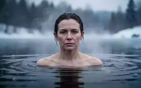 Eine Person taucht in eisiges Wasser ein, umgeben von aufsteigendem Dampf, vor einem unscharfen Winterhintergrund. - Foto: über boerse-global.de