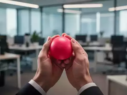 Hände, die einen Stressball halten, mit einem verschwommenen Hintergrund eines modernen Büros, das Stressmanagement symbolisiert. - Foto: über boerse-global.de