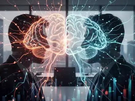 Eine stilisierte, leuchtende neuronale Netz-Illustration über zwei abstrakten, wettbewerbsorientierten Silhouetten in einem Unternehmensumfeld. - Foto: über boerse-global.de