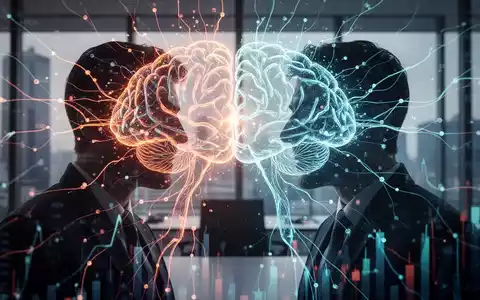 Eine stilisierte, leuchtende neuronale Netz-Illustration über zwei abstrakten, wettbewerbsorientierten Silhouetten in einem Unternehmensumfeld. - Foto: über boerse-global.de