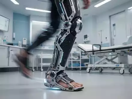 Ein futuristisches Exoskelett aus Carbon und Titan unterstützt das Bein und den Fuß einer Person in einer Reha-Umgebung. - Foto: über boerse-global.de
