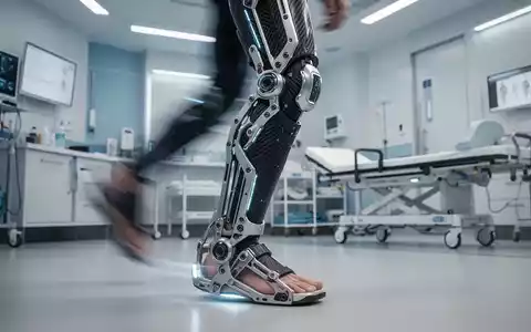 Ein futuristisches Exoskelett aus Carbon und Titan unterstützt das Bein und den Fuß einer Person in einer Reha-Umgebung. - Foto: über boerse-global.de