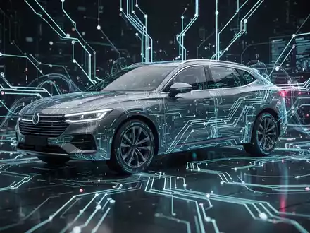 Abstrakte digitale Darstellung eines vernetzten Fahrzeug-Ökosystems mit leuchtenden Linien und Datenpunkten, die Software- und Cloud-Integration symbolisieren. - Foto: über boerse-global.de
