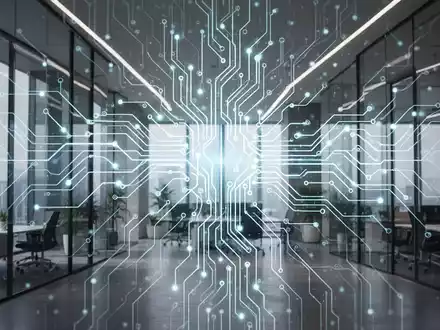 Glühendes, komplexes neuronales Netzwerk über modernem High-Tech-Büro, symbolisiert KI-Integration im Geschäftsleben. - Foto: über boerse-global.de