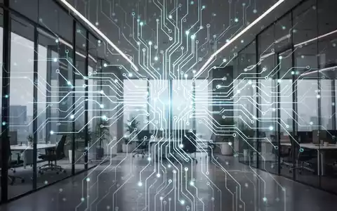 Glühendes, komplexes neuronales Netzwerk über modernem High-Tech-Büro, symbolisiert KI-Integration im Geschäftsleben. - Foto: über boerse-global.de