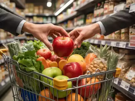 Eine Hand legt einen frischen, roten Apfel in einen Einkaufskorb voller Lebensmittel in einem Supermarkt. - Foto: über boerse-global.de