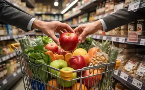 Eine Hand legt einen frischen, roten Apfel in einen Einkaufskorb voller Lebensmittel in einem Supermarkt. - Foto: über boerse-global.de