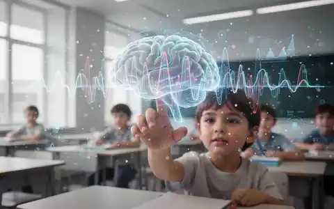 Hand eines Kindes interagiert mit einer holografischen Projektion von Hirnaktivität und Datenpunkten in einem Klassenzimmer. - Foto: über boerse-global.de