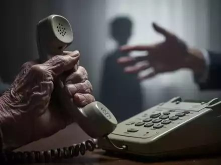 Eine ältere Hand hält einen Telefonhörer, im Hintergrund verschwommen eine jüngere Hand, die nach etwas greift, symbolisiert Betrug. - Foto: über boerse-global.de