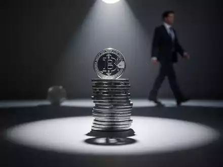 Ein Scheinwerfer beleuchtet einen Stapel digitaler Währungssymbole, eine verschwommene Figur geht im Hintergrund weg. - Foto: über boerse-global.de