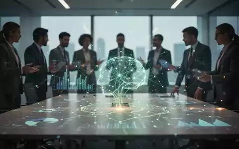 Eine futuristische KI-Schnittstelle projiziert auf einen Konferenztisch, mit verschwommenen Geschäftsleuten im Hintergrund. - Foto: über boerse-global.de