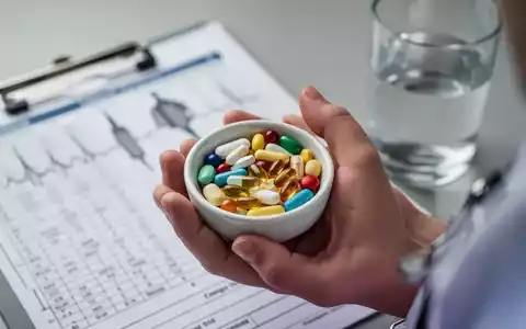 Nahaufnahme einer Hand, die eine Schale mit verschiedenen Vitaminpillen und Nahrungsergänzungsmitteln hält, im Hintergrund eine medizinische Tabelle. - Foto: über boerse-global.de