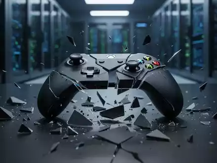Ein zerbrochener Xbox-Controller liegt auf einer dunklen Oberfläche vor einem verschwommenen Serverraum, symbolisiert Stellenstreichungen. - Foto: über boerse-global.de