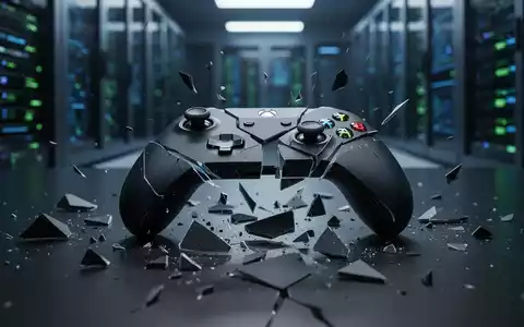 Ein zerbrochener Xbox-Controller liegt auf einer dunklen Oberfläche vor einem verschwommenen Serverraum, symbolisiert Stellenstreichungen. - Foto: über boerse-global.de