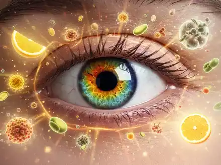 Nahaufnahme eines Auges, umgeben von leuchtenden, abstrakten Darstellungen von Mikronährstoffen wie Lutein, Zeaxanthin und Vitamin C. - Foto: über boerse-global.de