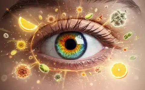 Nahaufnahme eines Auges, umgeben von leuchtenden, abstrakten Darstellungen von Mikronährstoffen wie Lutein, Zeaxanthin und Vitamin C. - Foto: über boerse-global.de
