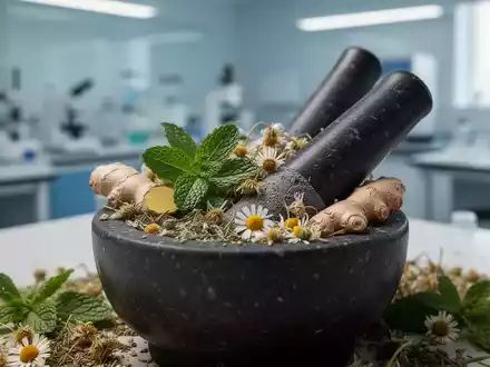 Ein Mörser und Stößel zerkleinern verschiedene getrocknete Kräuter wie Ingwer, Pfefferminze und Kamille in einem Laborhintergrund. - Foto: über boerse-global.de