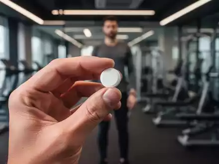 Eine Hand hält eine weiße Pille vor dem unscharfen Hintergrund eines Fitnessstudios, das medikamentöse Behandlung und Bewegung symbolisiert. - Foto: über boerse-global.de