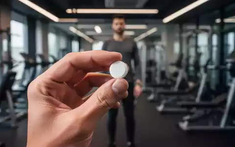 Eine Hand hält eine weiße Pille vor dem unscharfen Hintergrund eines Fitnessstudios, das medikamentöse Behandlung und Bewegung symbolisiert. - Foto: über boerse-global.de