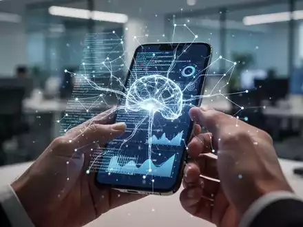 Smartphone-Bildschirm mit leuchtender KI-Überlagerung, abstrakter Code und Daten. Hände interagieren mit dem Gerät. - Foto: über boerse-global.de