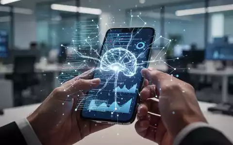 Smartphone-Bildschirm mit leuchtender KI-Überlagerung, abstrakter Code und Daten. Hände interagieren mit dem Gerät. - Foto: über boerse-global.de