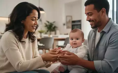 Eine Familie mit Baby in einem modernen Zuhause. Eltern halten das Baby liebevoll in den Armen, symbolisch für Elterngeldreformen. - Foto: über boerse-global.de