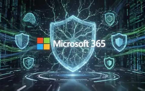 Holografisches Microsoft 365-Logo, umgeben von leuchtend blauen und grünen KI-Netzmustern und Sicherheitssymbolen auf dunklem Hintergrund. - Foto: über boerse-global.de