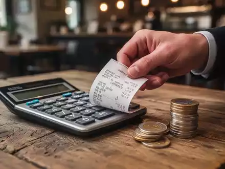 Eine Hand legt einen Kassenbon neben einem Taschenrechner und Euromünzen auf einen Holztisch, im Hintergrund ein Café. - Foto: über boerse-global.de