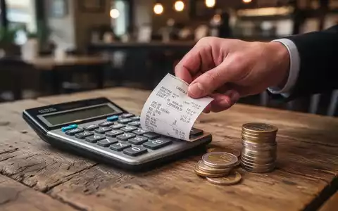 Eine Hand legt einen Kassenbon neben einem Taschenrechner und Euromünzen auf einen Holztisch, im Hintergrund ein Café. - Foto: über boerse-global.de
