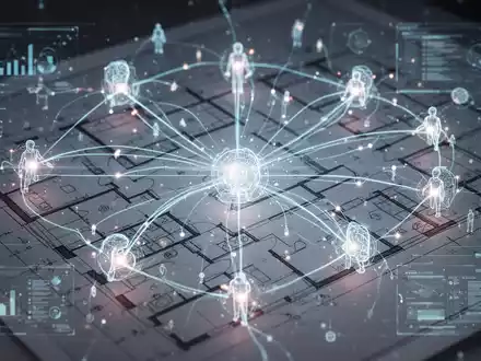 Abstrakte Darstellung vernetzter KI-Agenten und Datenflüsse über einem stilisierten Bauplan, symbolisiert Projektmanagement und technologische Innovation. - Foto: über boerse-global.de