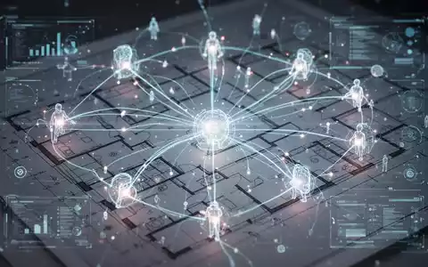 Abstrakte Darstellung vernetzter KI-Agenten und Datenflüsse über einem stilisierten Bauplan, symbolisiert Projektmanagement und technologische Innovation. - Foto: über boerse-global.de