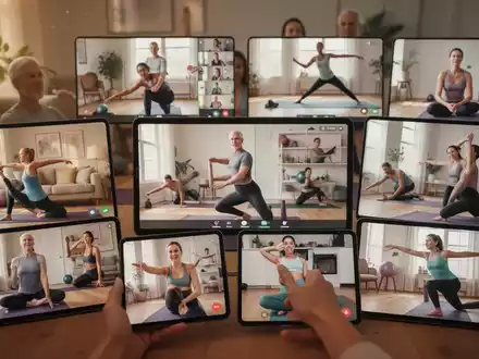 Menschen nehmen an einem Online-Fitnesskurs teil, sichtbar auf mehreren digitalen Bildschirmen. Sie machen Yoga oder Dehnübungen in ihren Häusern. - Foto: über boerse-global.de