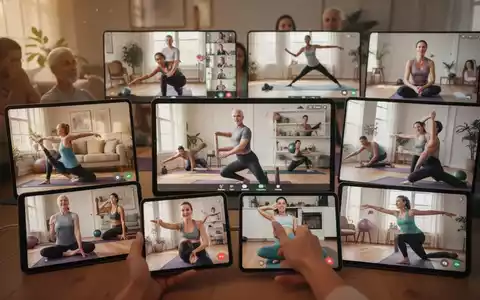 Menschen nehmen an einem Online-Fitnesskurs teil, sichtbar auf mehreren digitalen Bildschirmen. Sie machen Yoga oder Dehnübungen in ihren Häusern. - Foto: über boerse-global.de