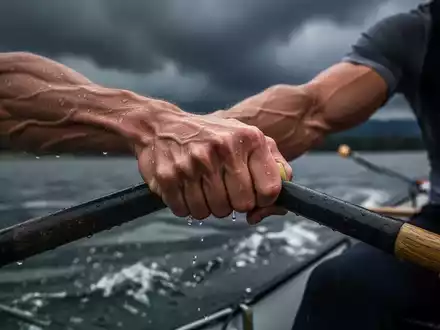 Eine Nahaufnahme der verschwitzten Hand eines Ruderers, die ein Ruder fest umklammert, mit einem stĂĽrmischen Himmel im Hintergrund. - Foto: ĂĽber boerse-global.de