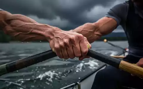 Eine Nahaufnahme der verschwitzten Hand eines Ruderers, die ein Ruder fest umklammert, mit einem stürmischen Himmel im Hintergrund. - Foto: über boerse-global.de